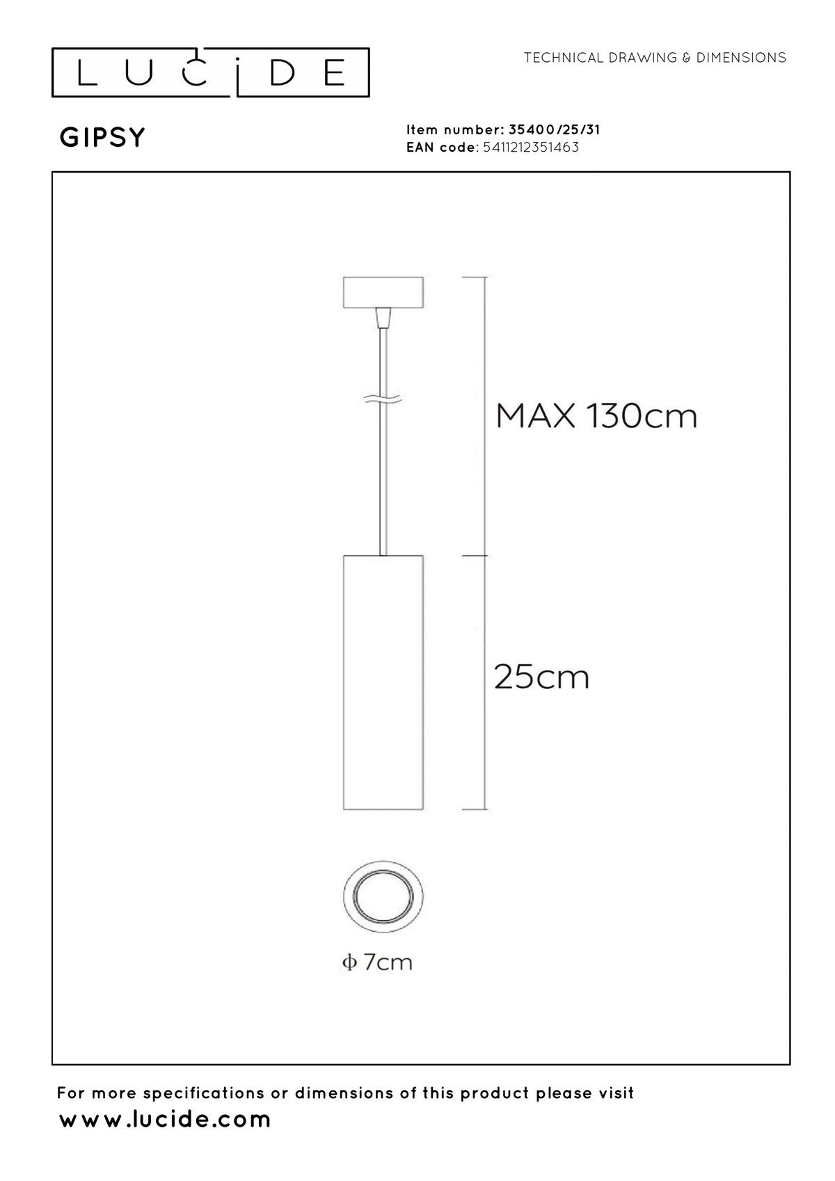 Lucide GIPSY Hanglamp Ø 7 cm GU10 Wit