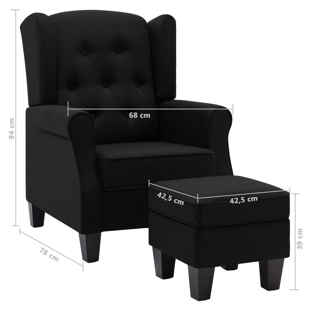 Fauteuil Daan - stof - met voetenbankje - zwart