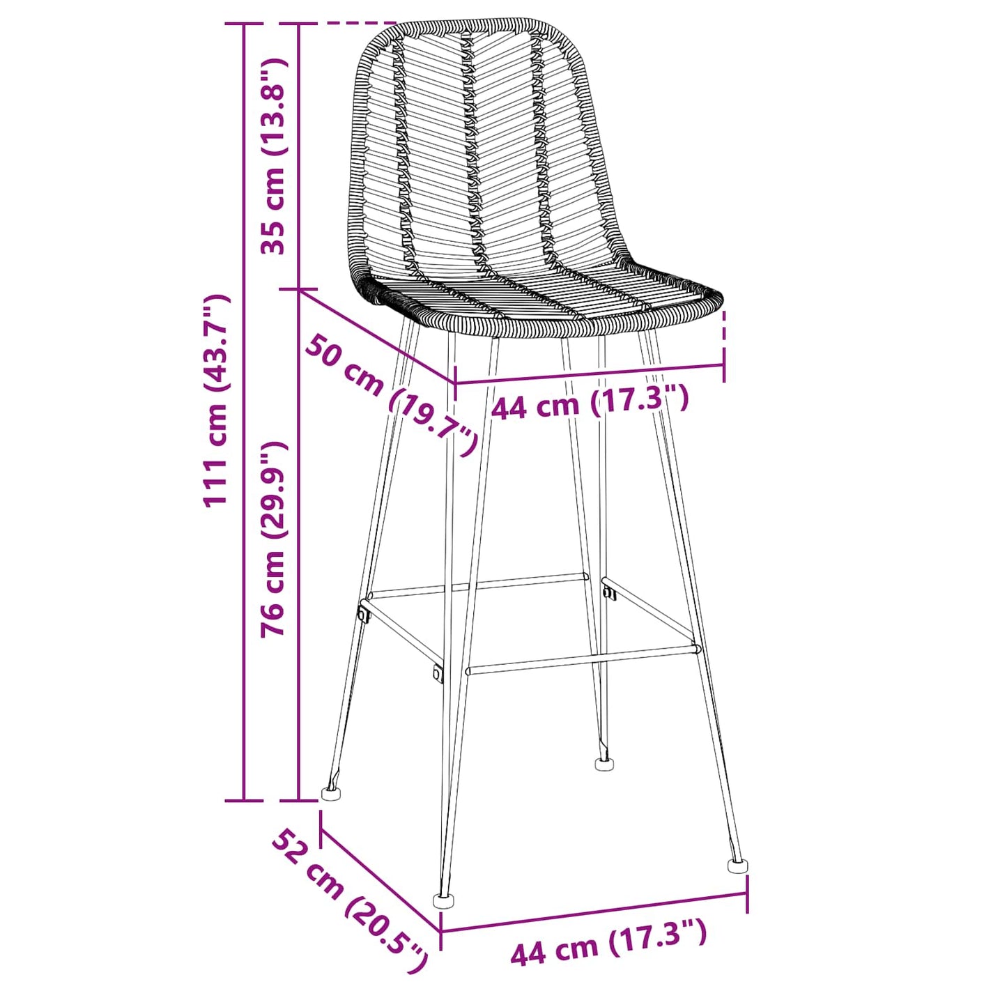 Barkruk 2 pcs 44 x 52 x 111 cm Riet en IJzer