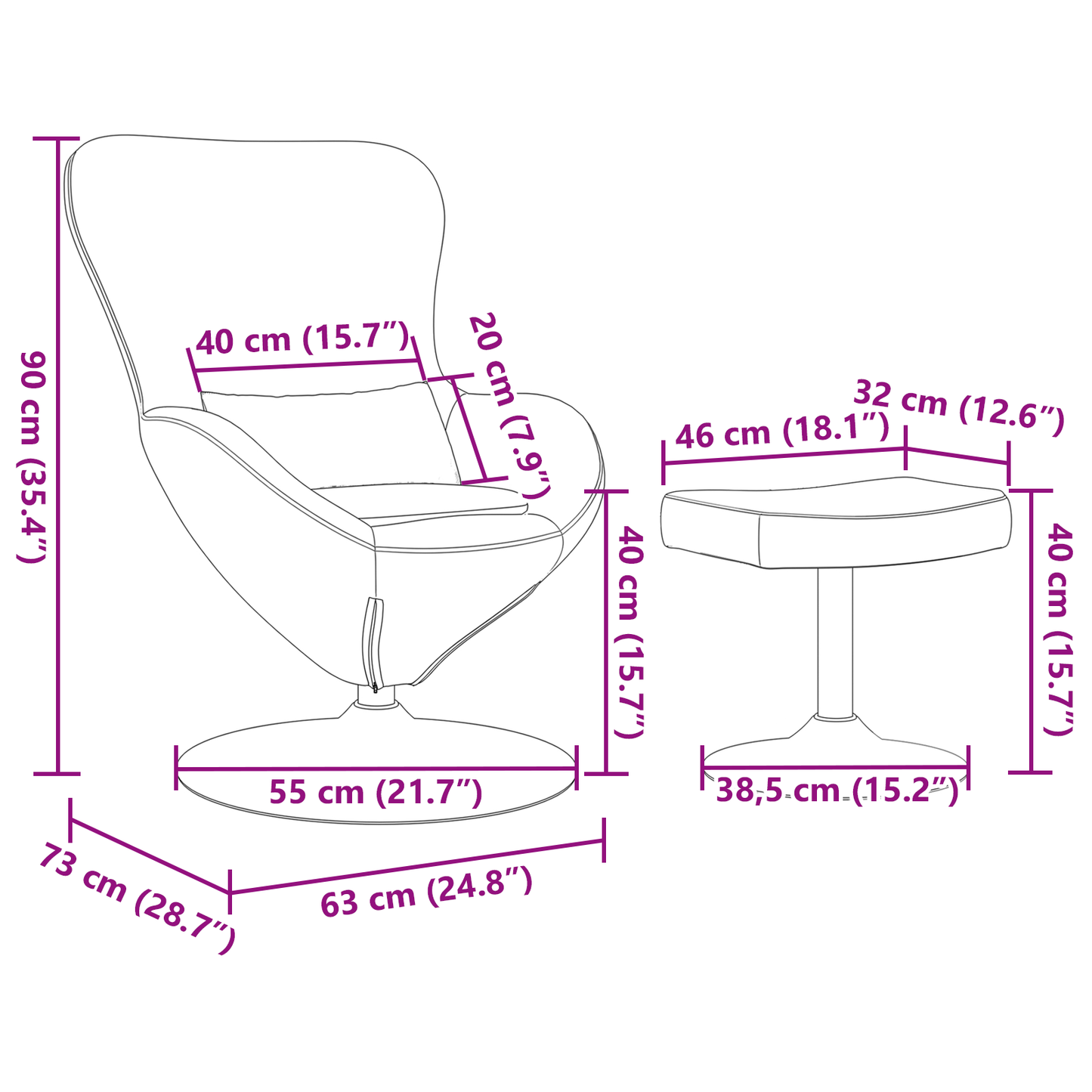 Fauteuil Bibi - fluweel - met voetsteun - roze