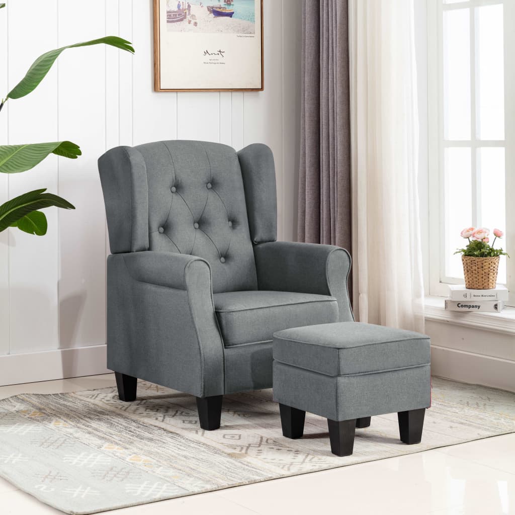 Fauteuil Daan - stof - met voetenbankje - lichtgrijs