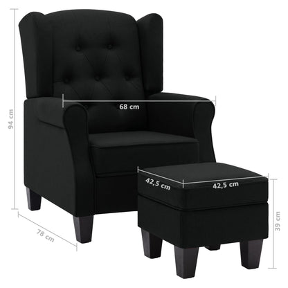 Fauteuil Daan - stof - met voetenbankje - zwart