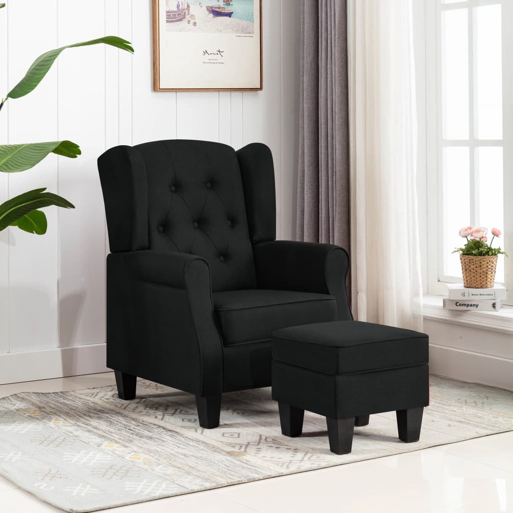 Fauteuil Daan - stof - met voetenbankje - zwart