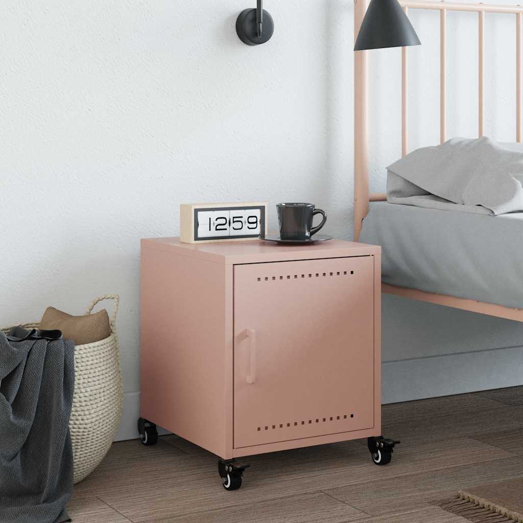 Nachtkastje Avery - staal - met wielen - roze