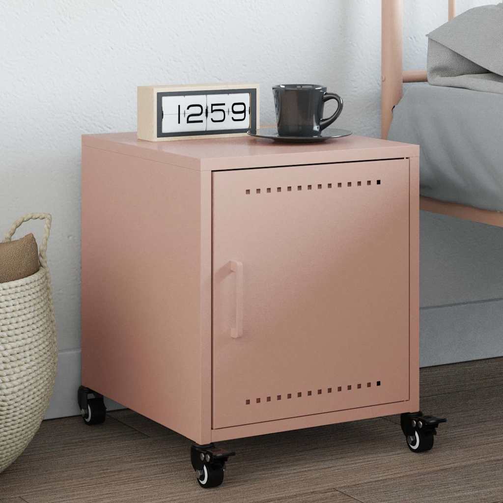 Nachtkastje Avery - staal - met wielen - roze