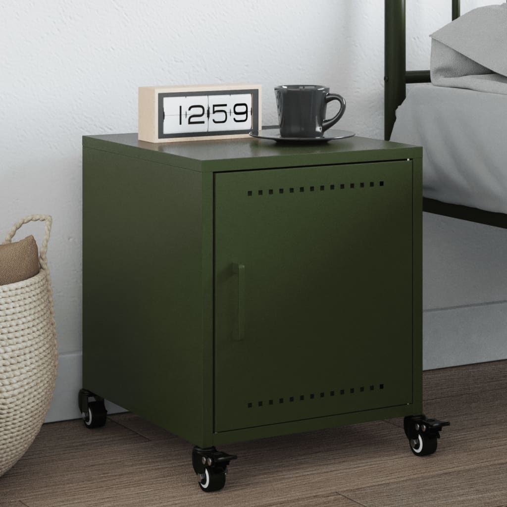 Nachtkastje Avery - staal - met wielen - groen