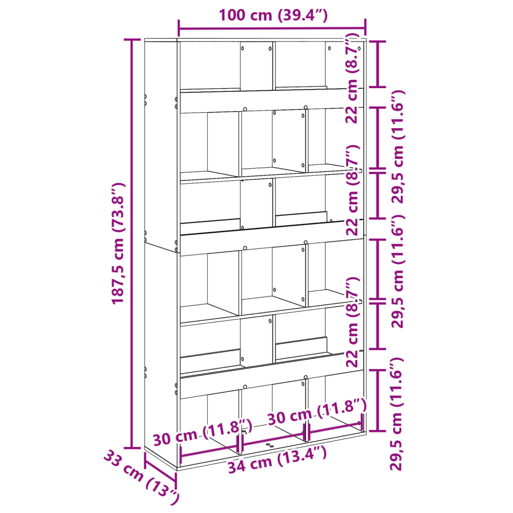 Boekenkast Timo - 100x33x187,5 cm - oud hout