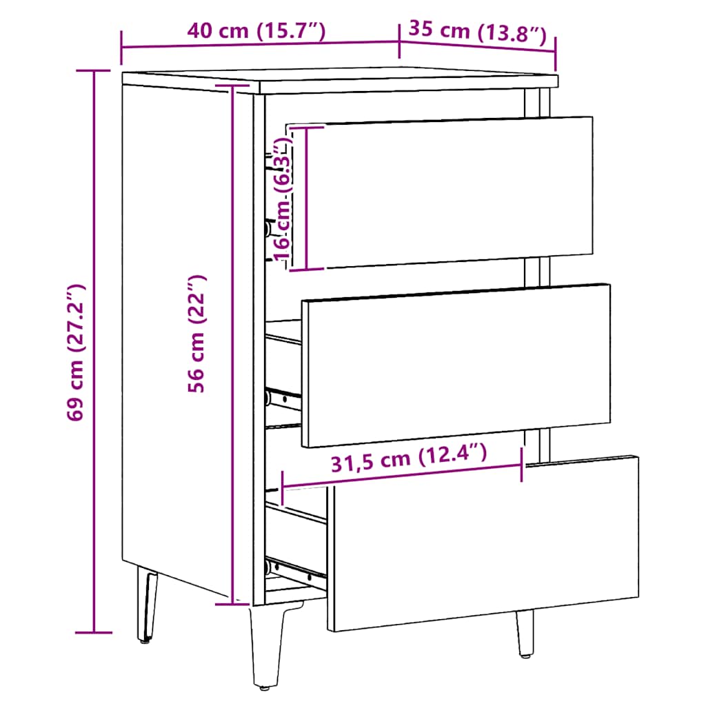 Nachtkastje Florence - bewerkt hout - met metalen poten