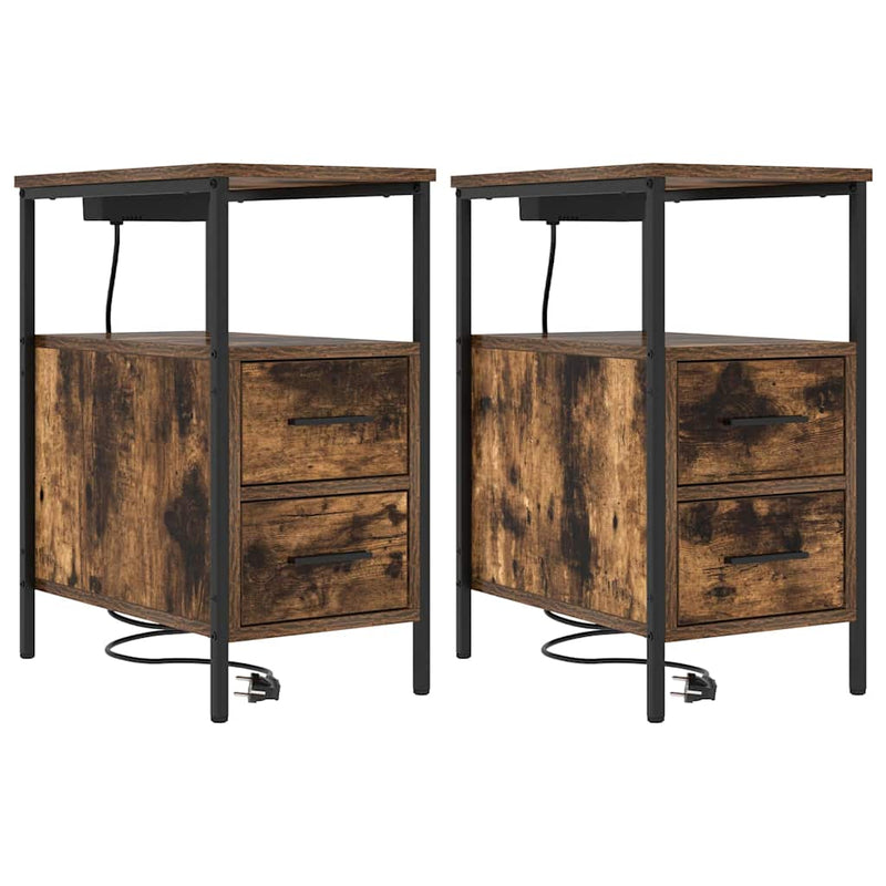 Nachtkastje Emilia - 2 stuks - met oplaadstation - Oud hout – extra afbeelding
