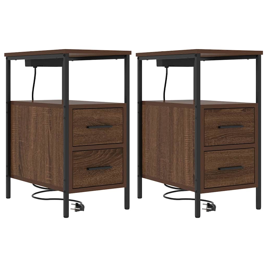 Nachtkastje Emilia - 2 stuks - met oplaadstation - Bruin eiken