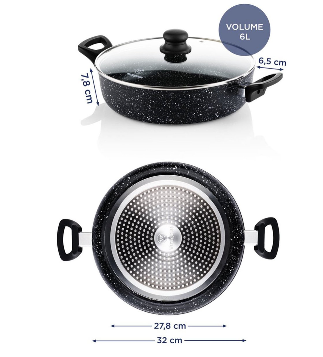 Westinghouse Hapjespan – Ø 32 cm – Inductie Pan – Inclusief Deksel – Black Marble