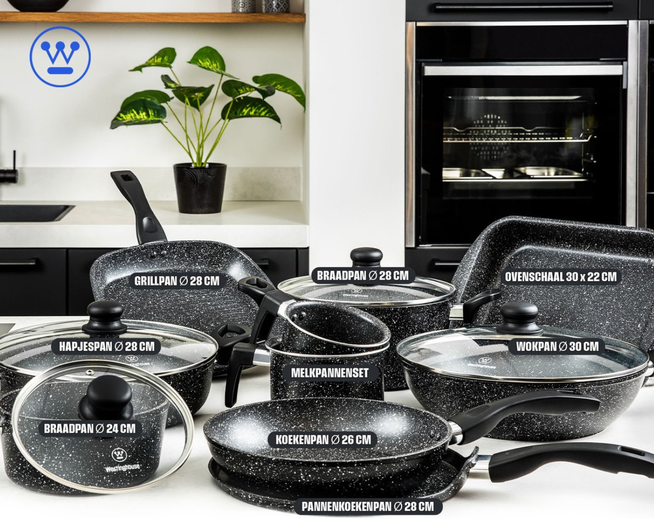 Westinghouse Hapjespan – Ø 32 cm – Inductie Pan – Inclusief Deksel – Black Marble